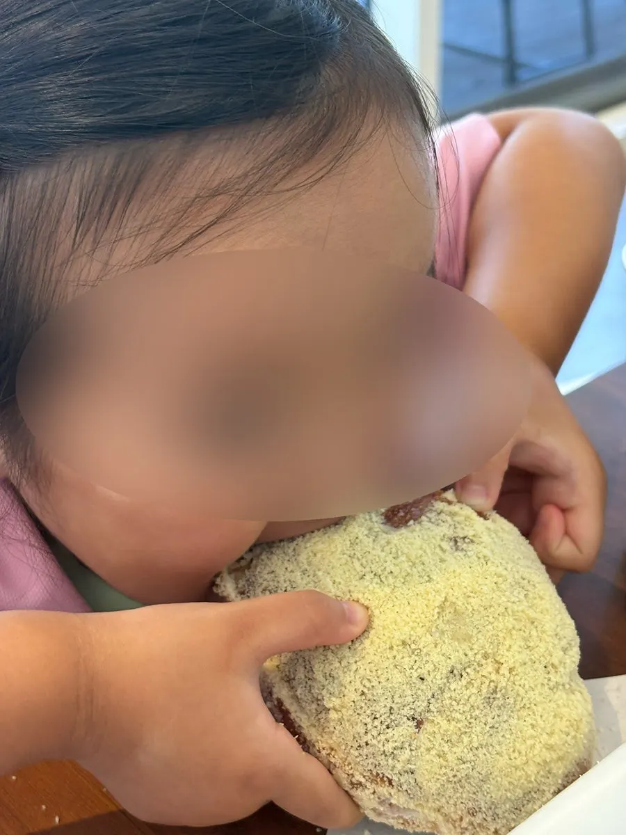 Eating castella salt bread