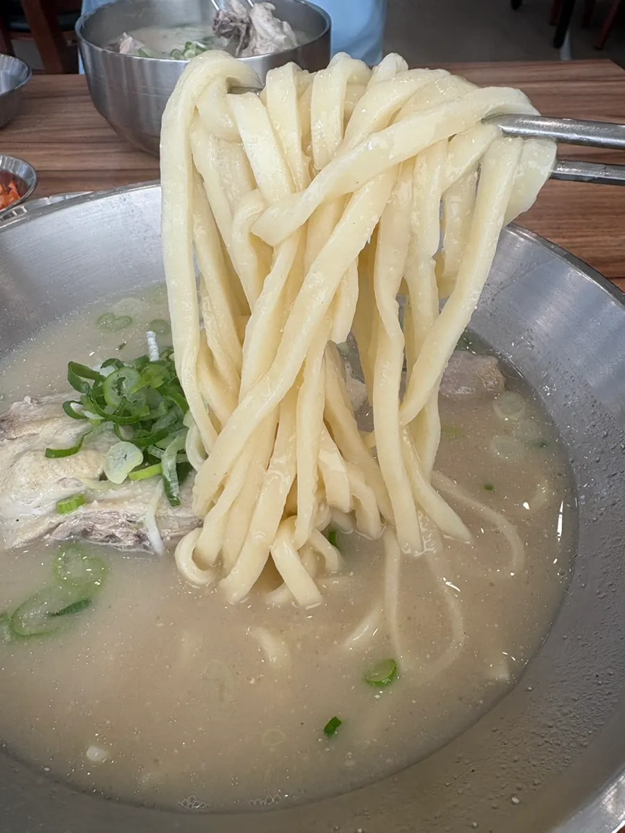 Kalguksu noodles lifted up with chopsticks