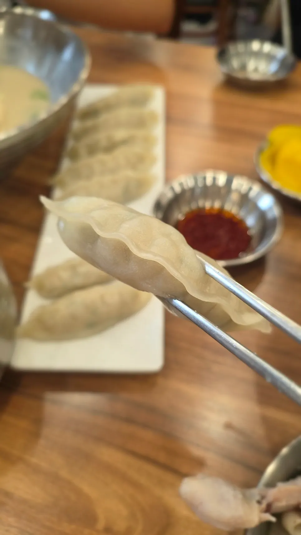 Dumpling split in half showing the filling