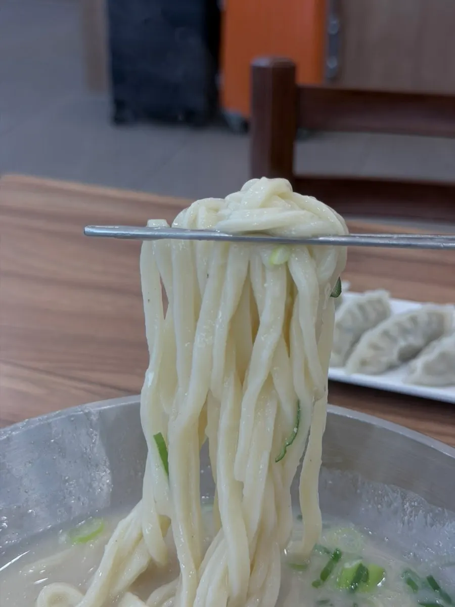 Thick kalguksu noodles lifted with chopsticks
