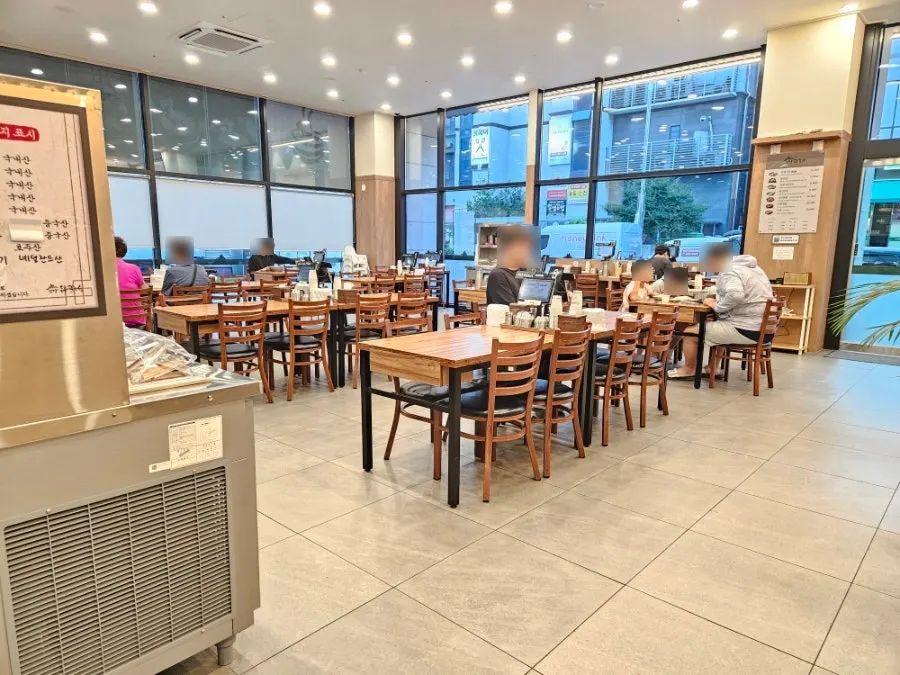 Spacious restaurant interior with many tables