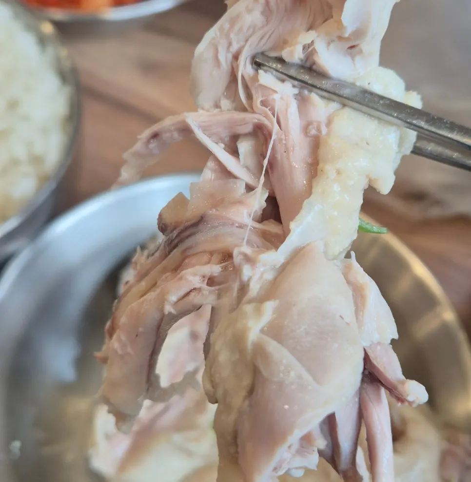 Half a chicken served on top of the kalguksu