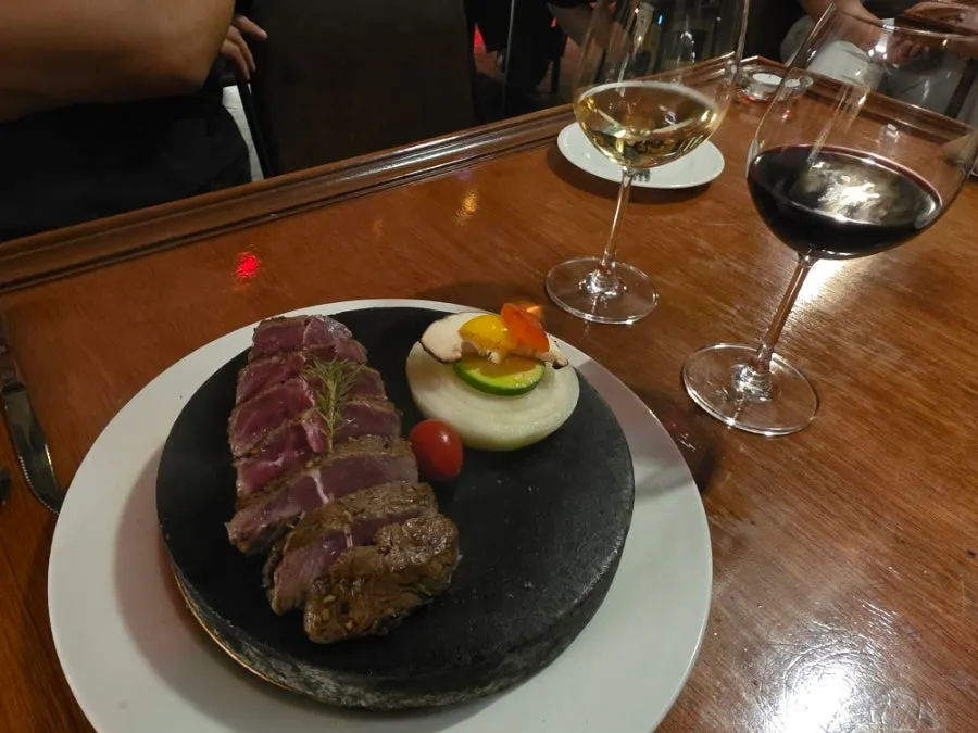 Stone steak with a flame performance