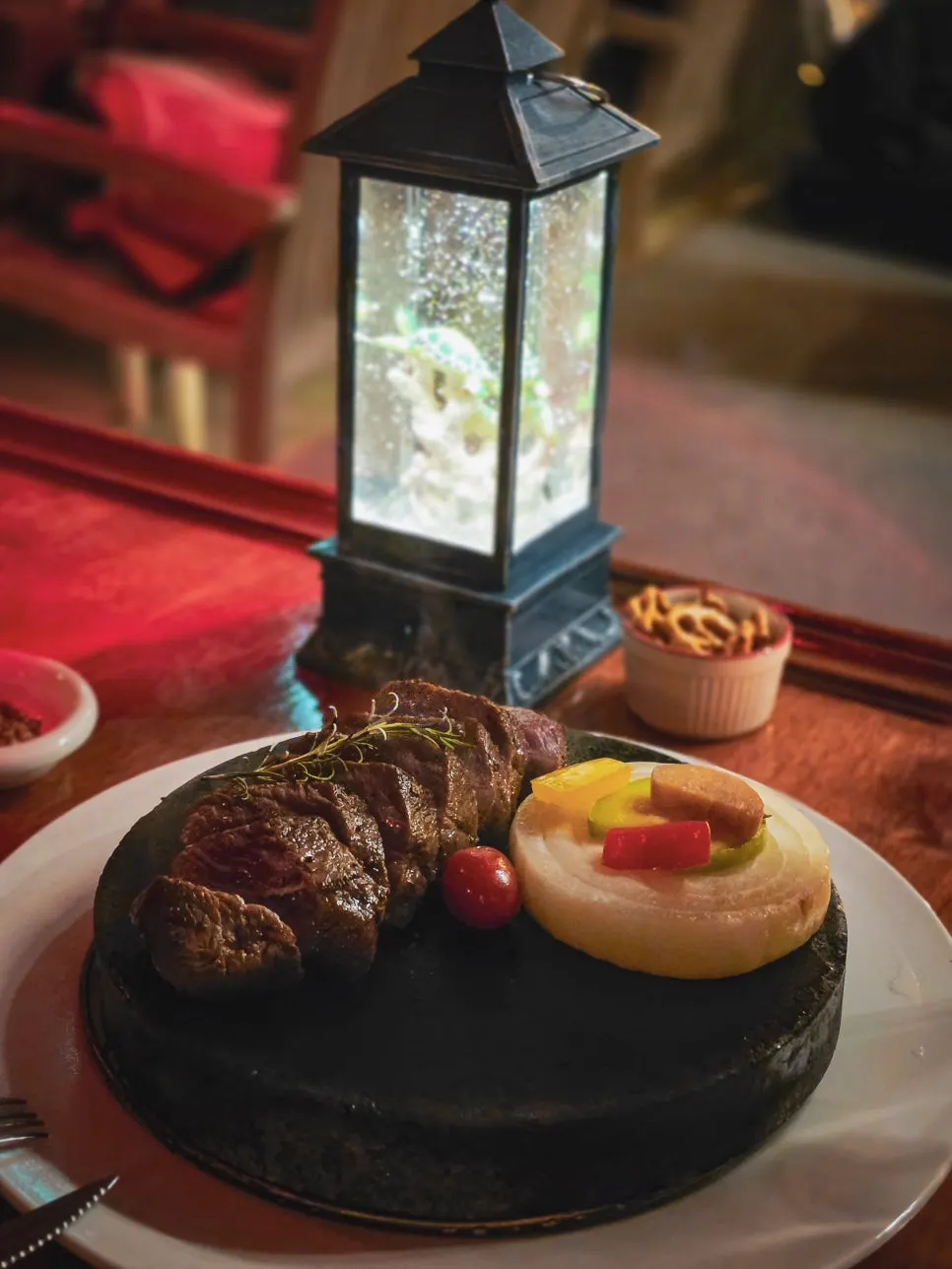 Steak and vegetables on a hot stone
