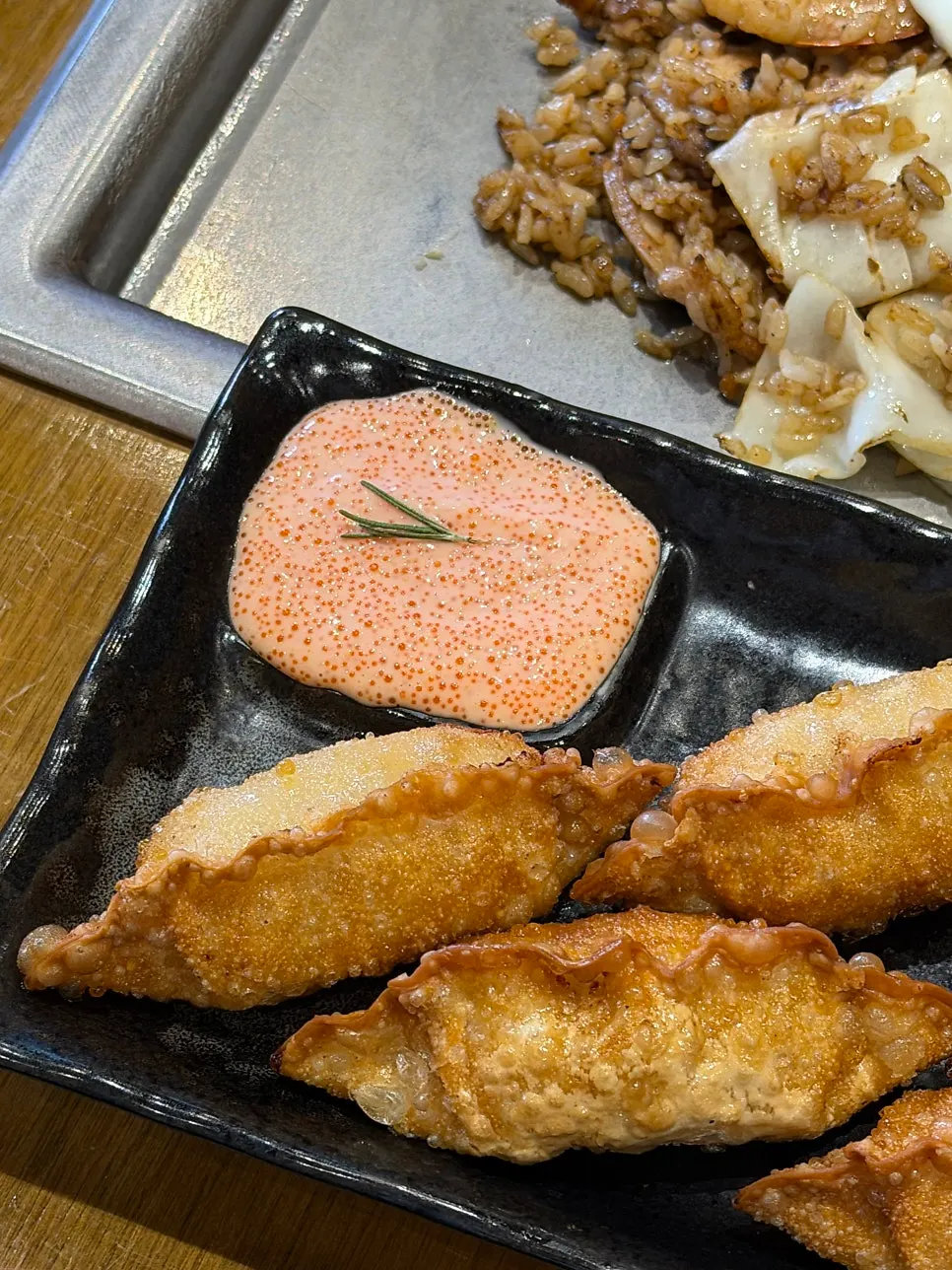 Mentaiko gyoza served with mayo sauce