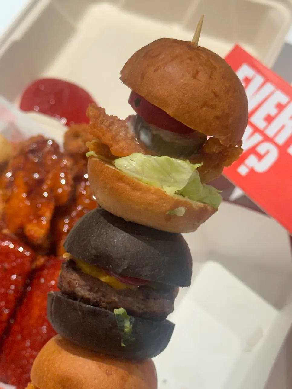 Mini burgers with chicken, beef, and shrimp patties