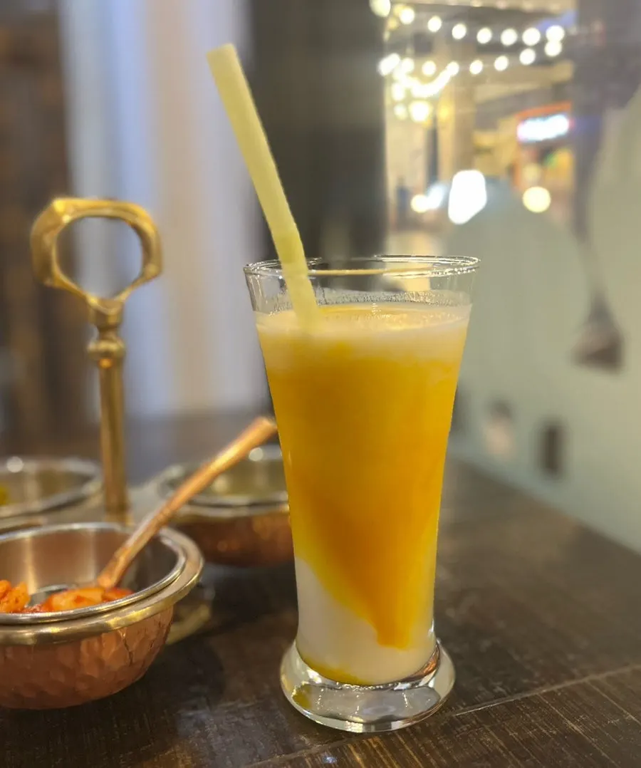 Close-up of the thick mango lassi