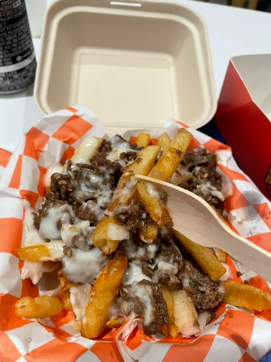 Close-up of bulgogi fries drizzled with white sauce