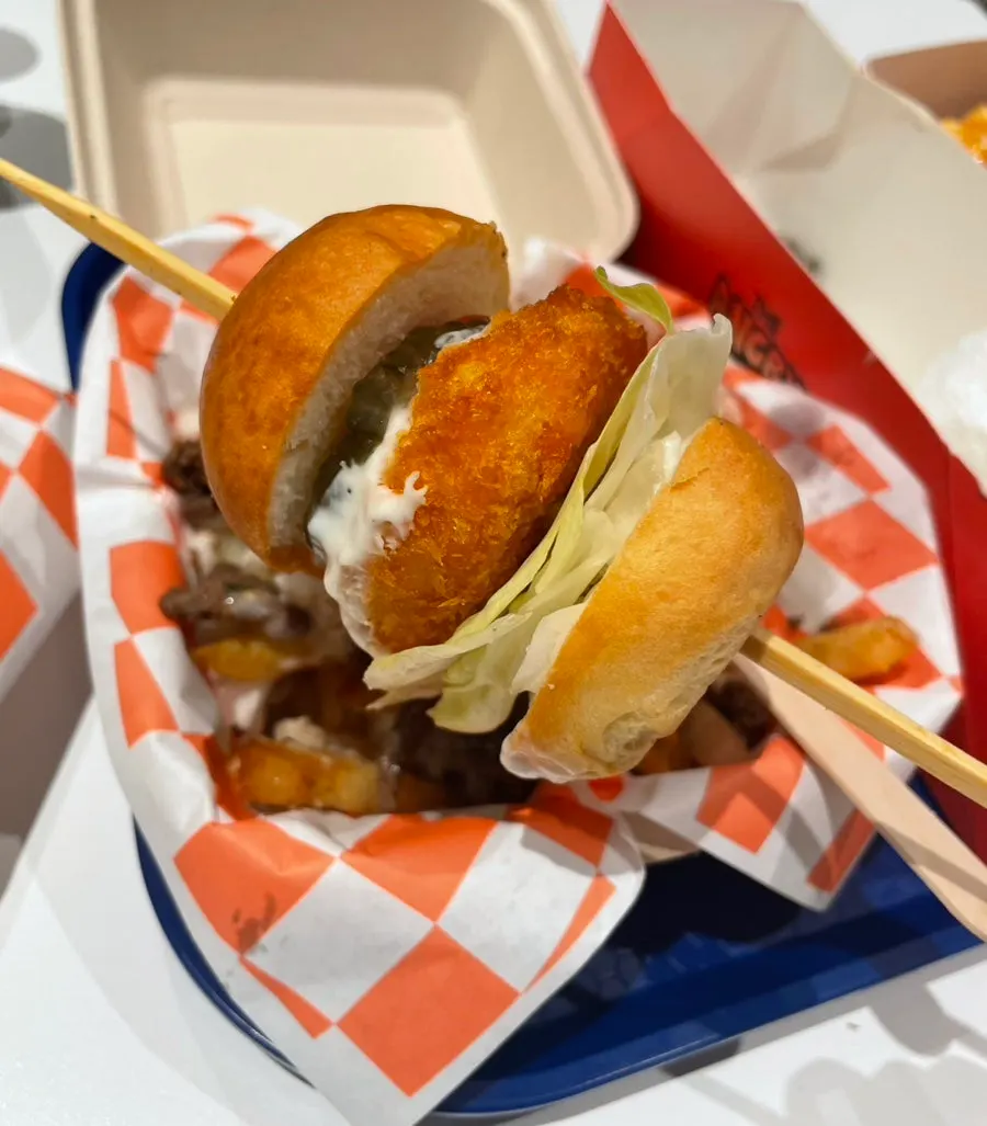 Mini burger skewer with three mini burgers