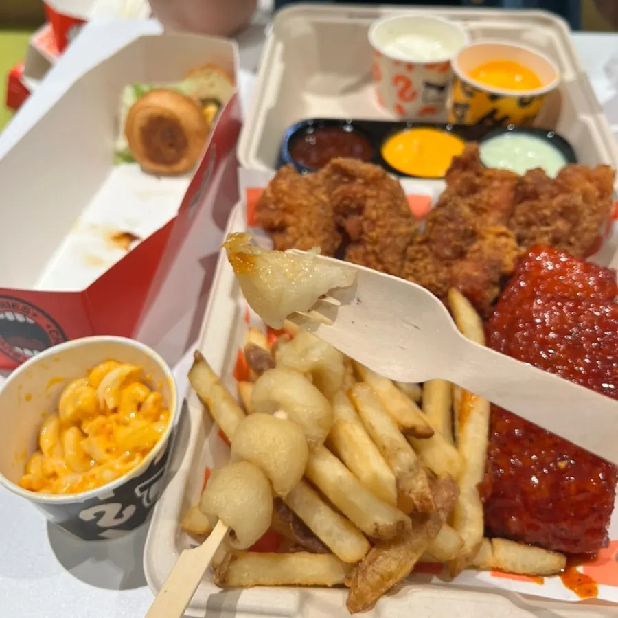 Chewy potato dipped into sauce