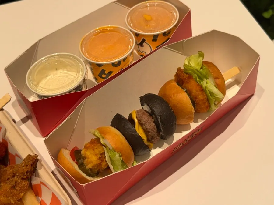 Party pack spread out on the food court table