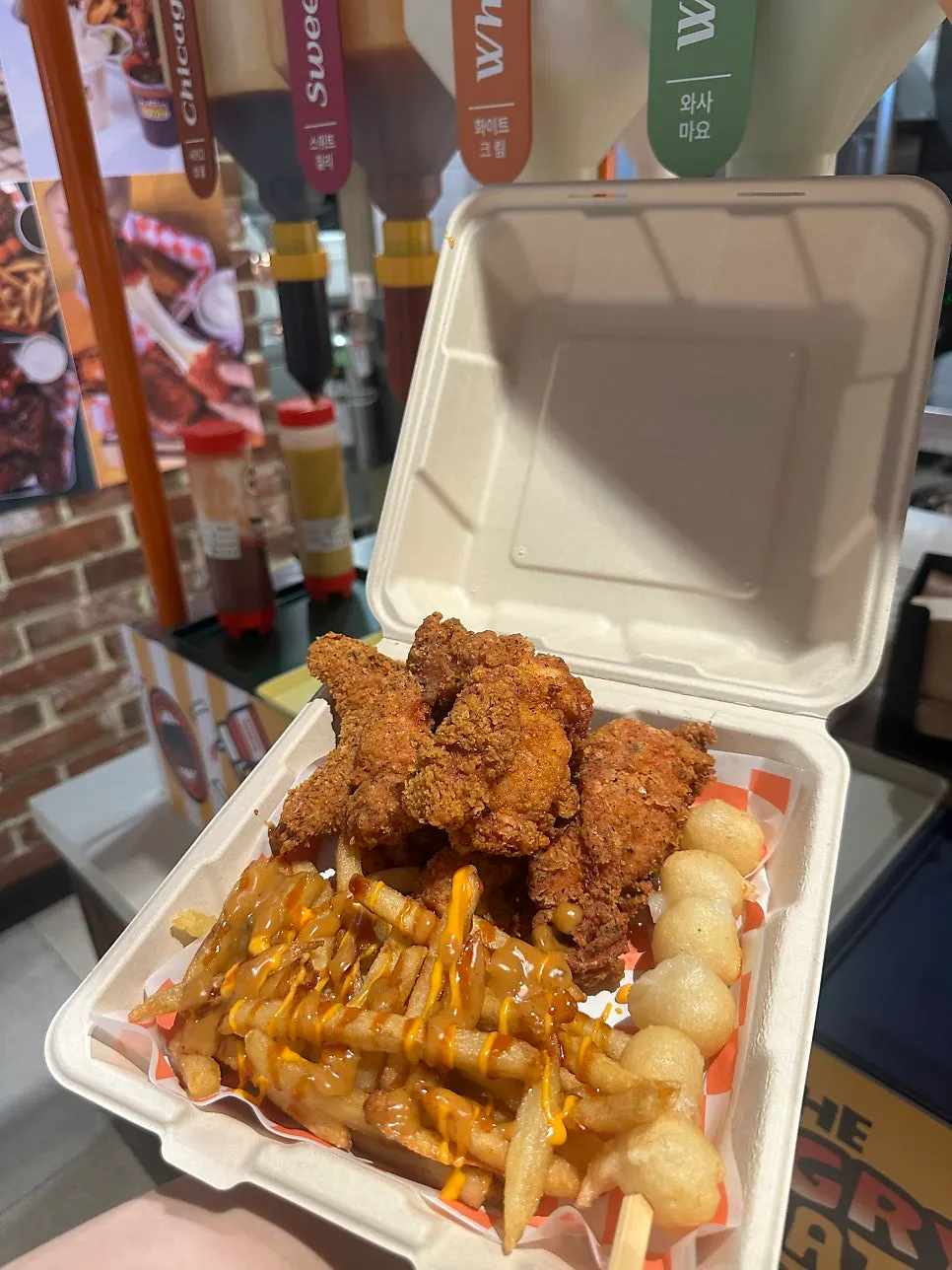 Fries served alongside the chicken