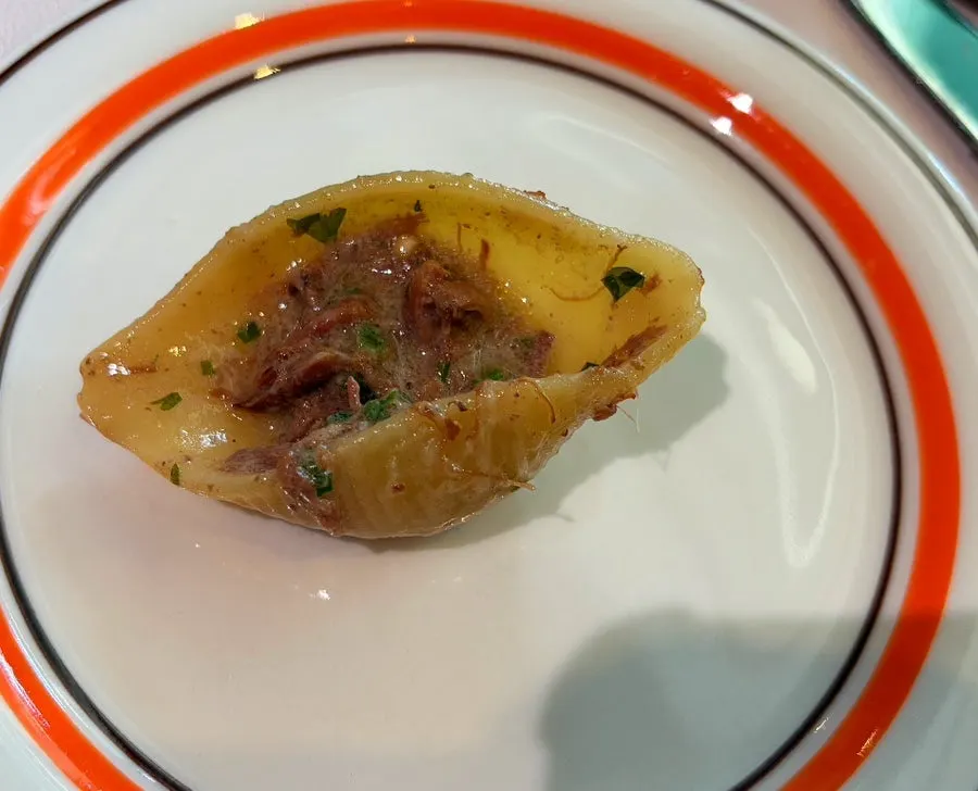 A plate of conchiglioni pasta with meat and sauce mixed in
