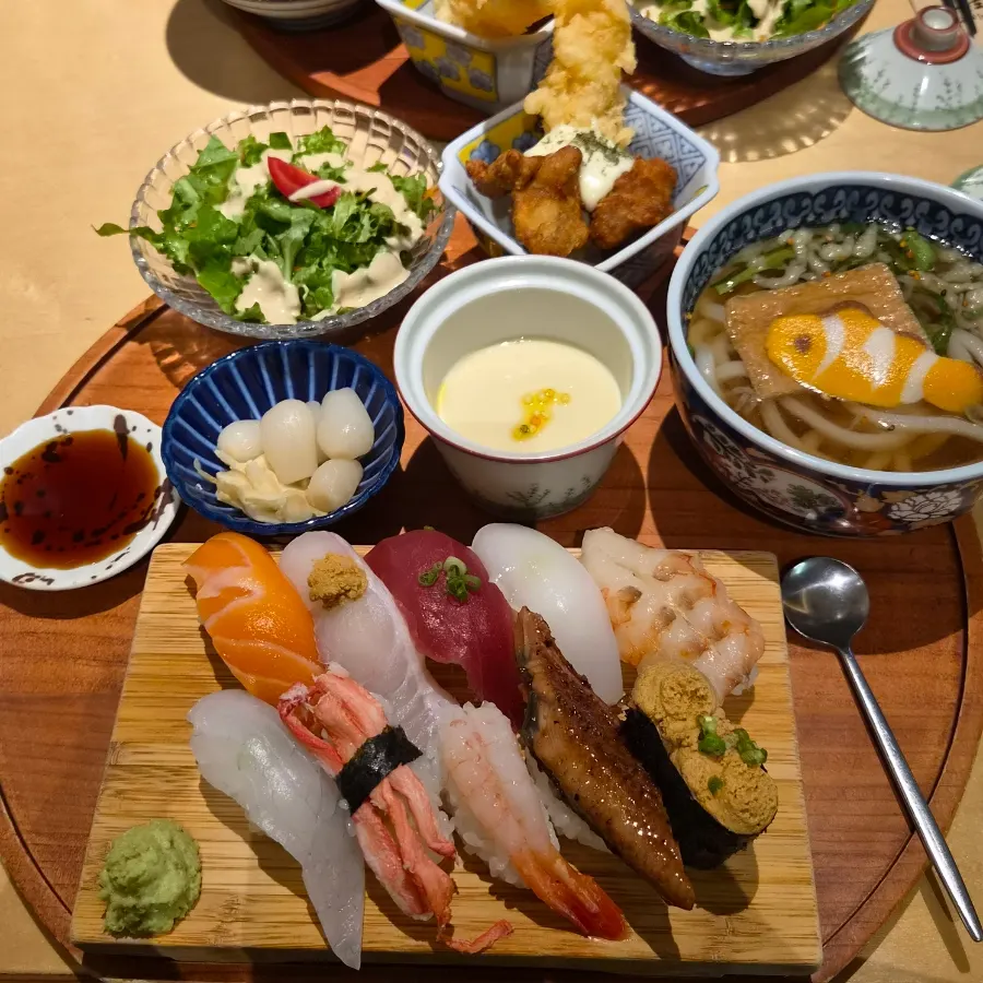 The generous spread of the premium sushi set