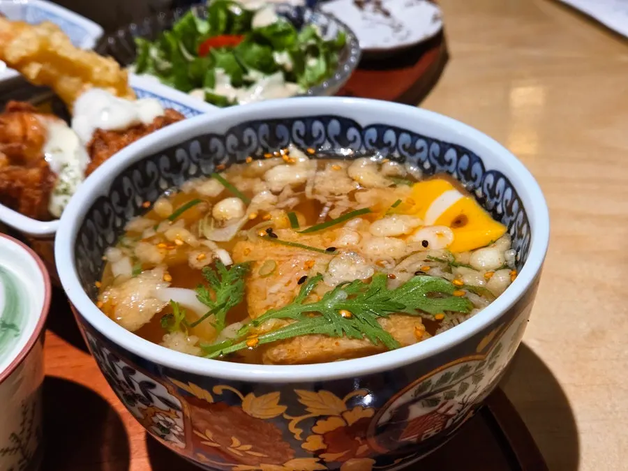 Udon topped with a fish-shaped fish cake