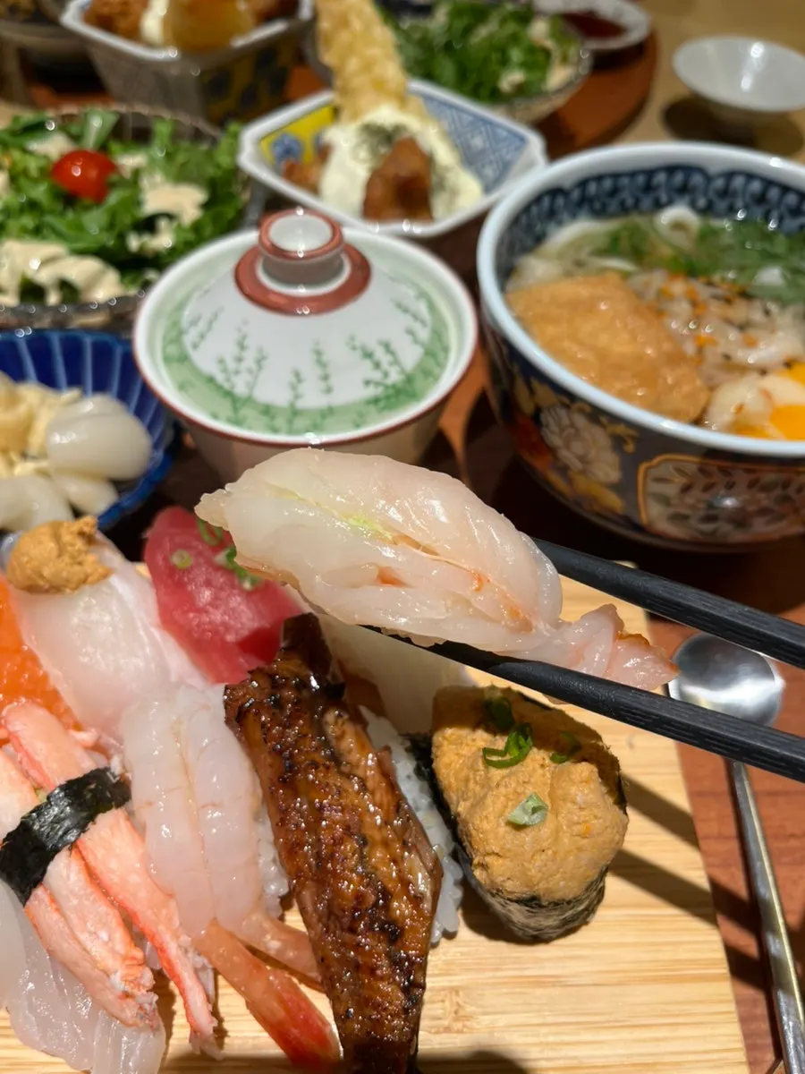 Close-up of red shrimp and sweet shrimp sushi