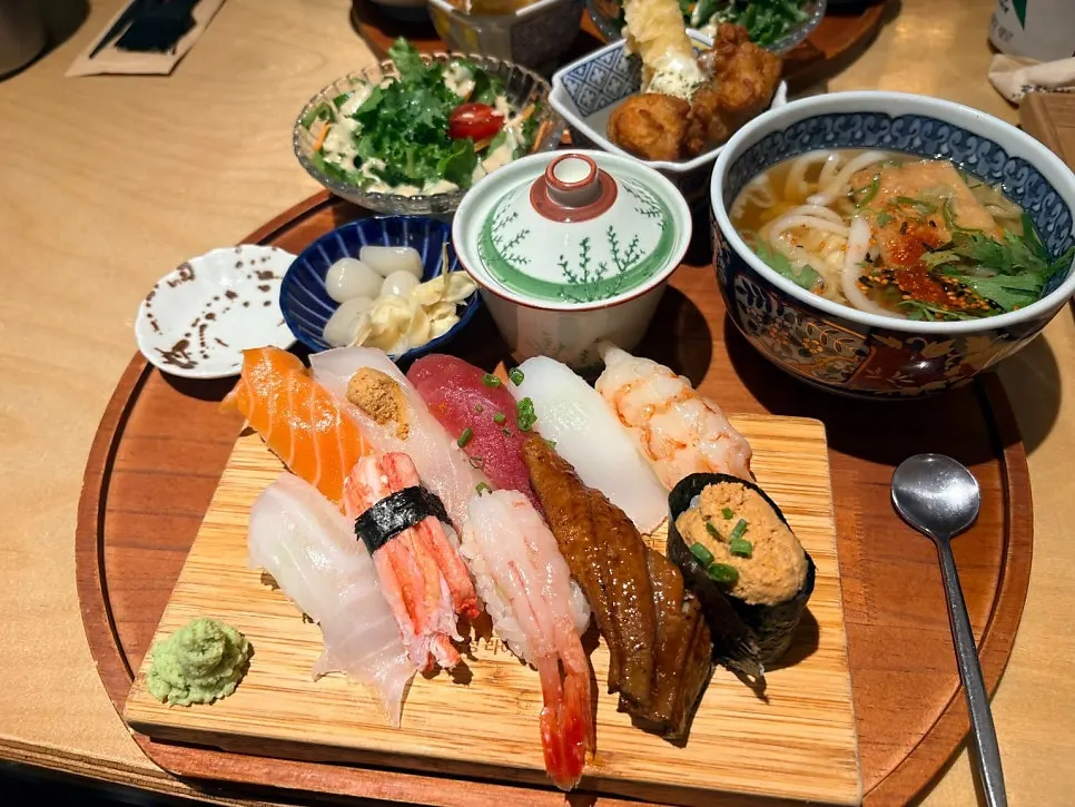 Full sushi set served on a wooden board