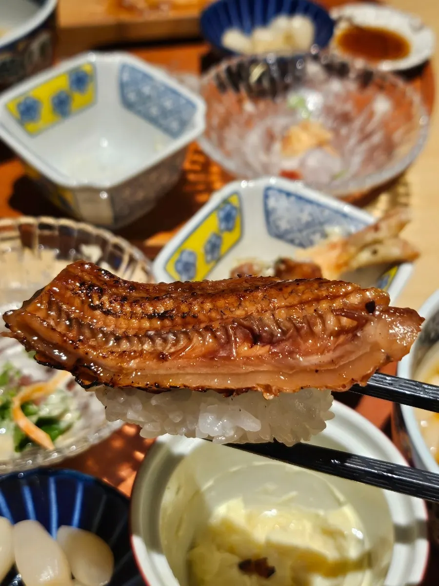 Close-up of ankimo and eel sushi