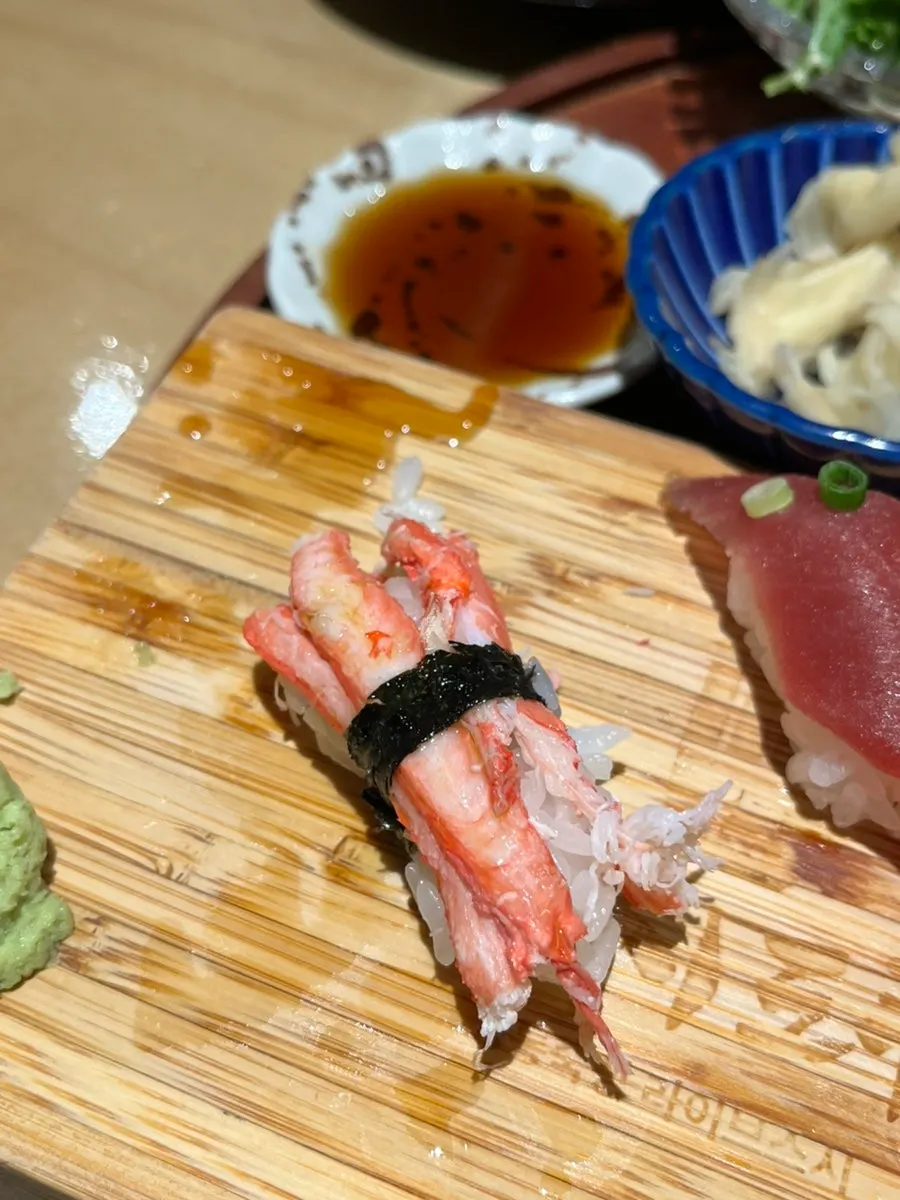 Close-up of snow crab sushi