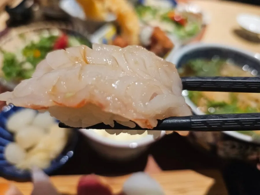 Thick-cut grey shrimp nigiri