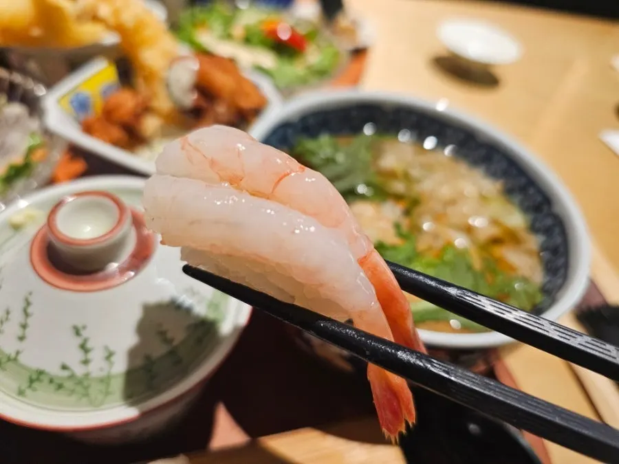 Botan shrimp nigiri topped with two pieces