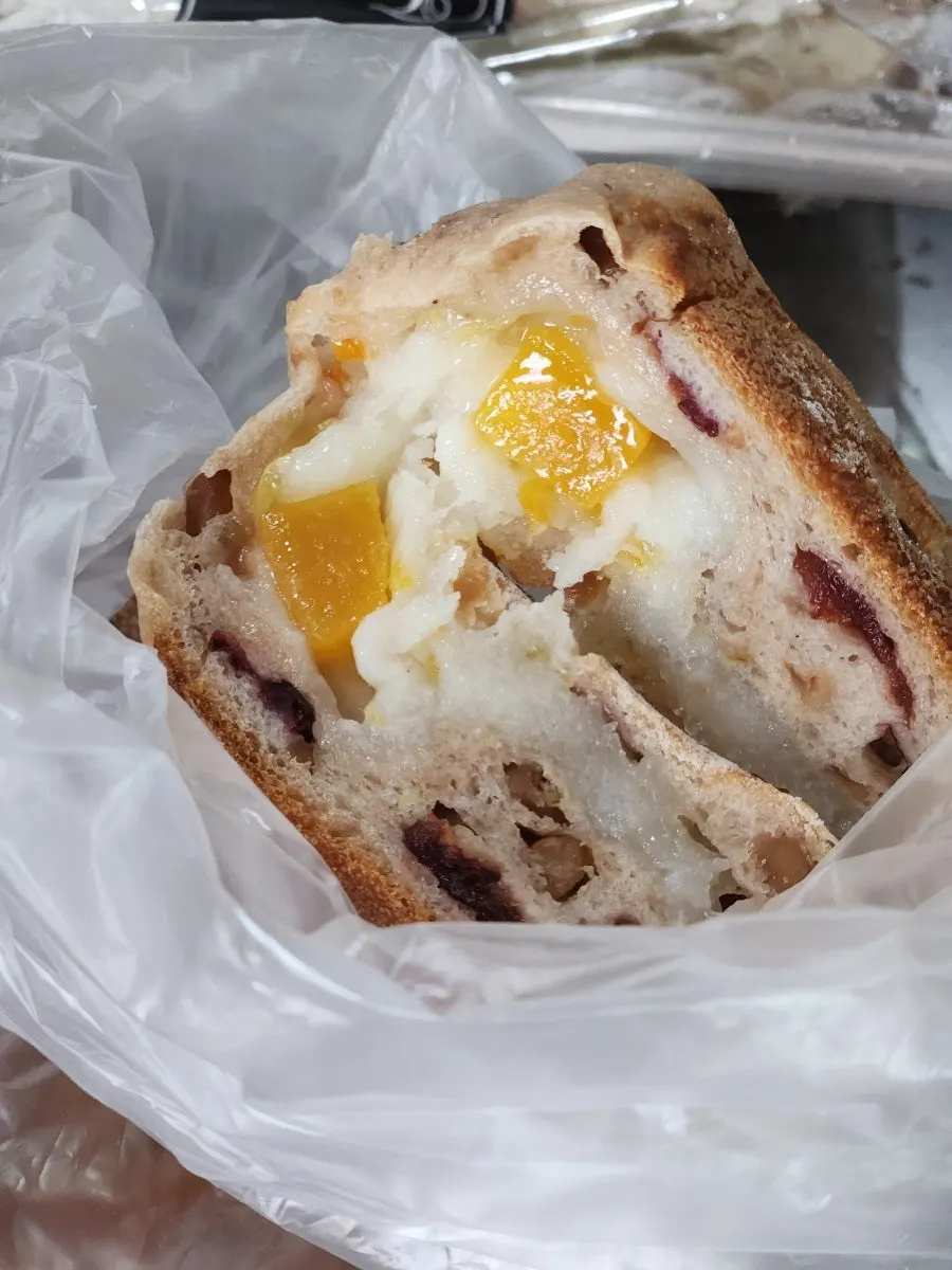 Cross-section of sweet pumpkin rice bread with rice cake inside