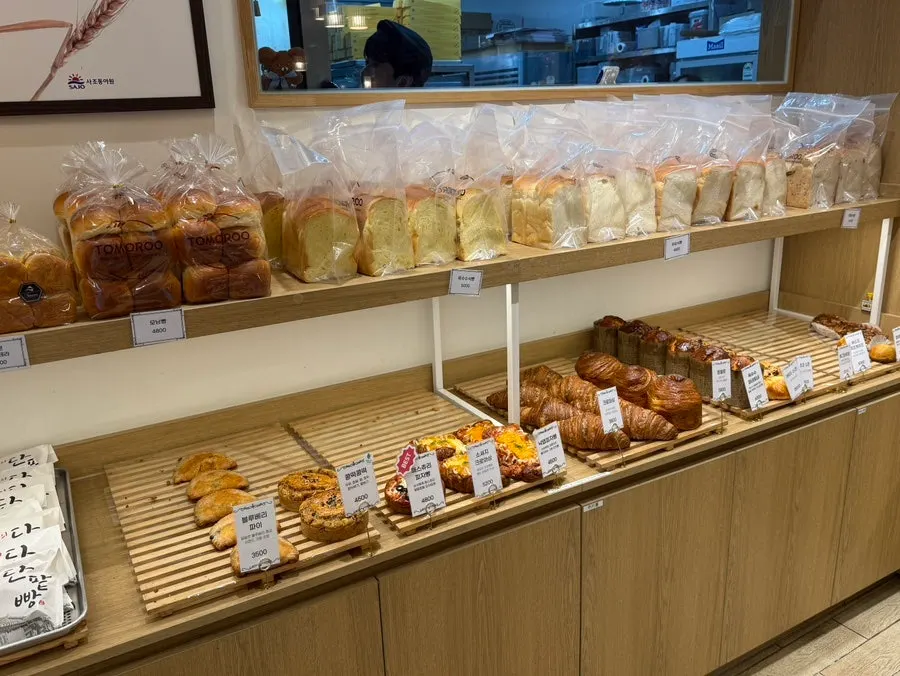 Bakery display case with various kinds of bread