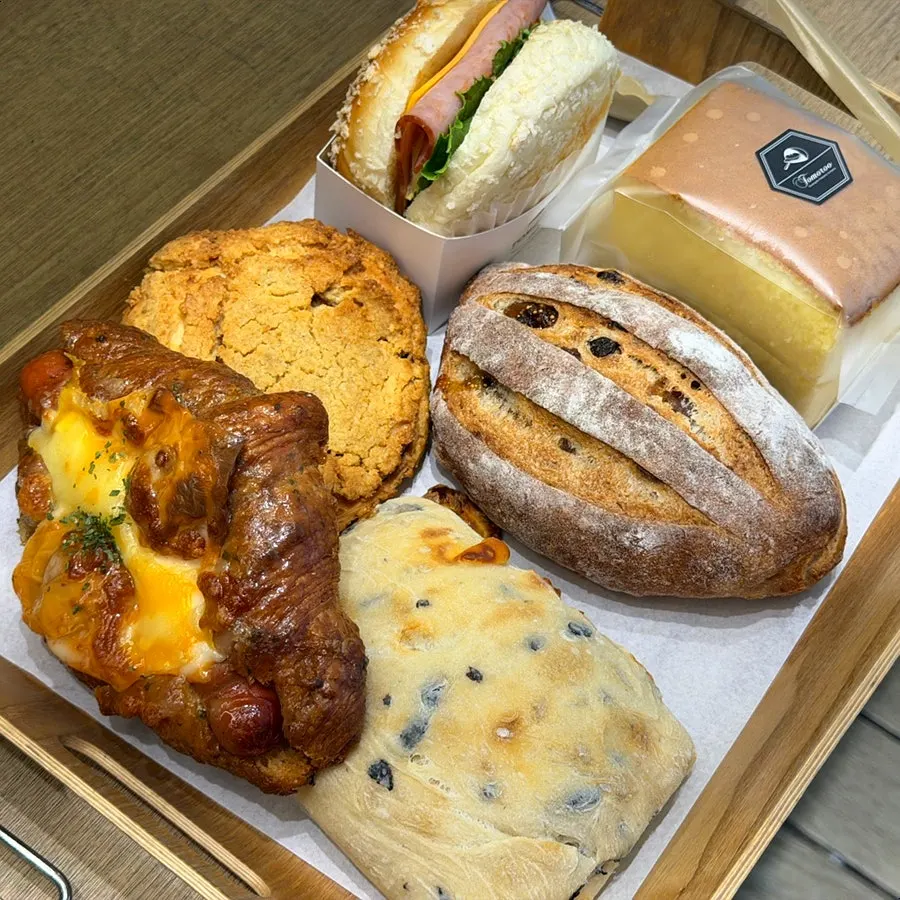 Assorted breads picked out at Tomoru Bakery