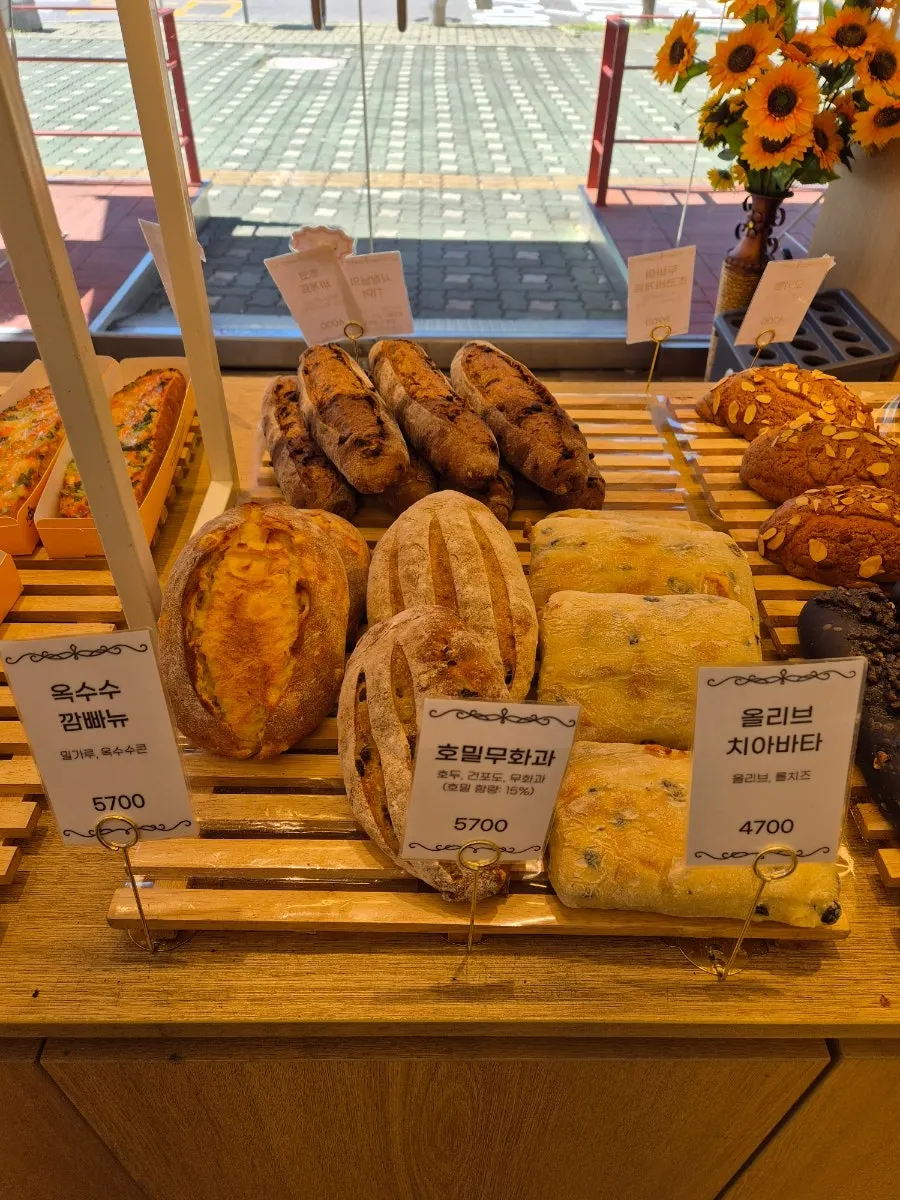 Sliced loaves and campagne breads on display