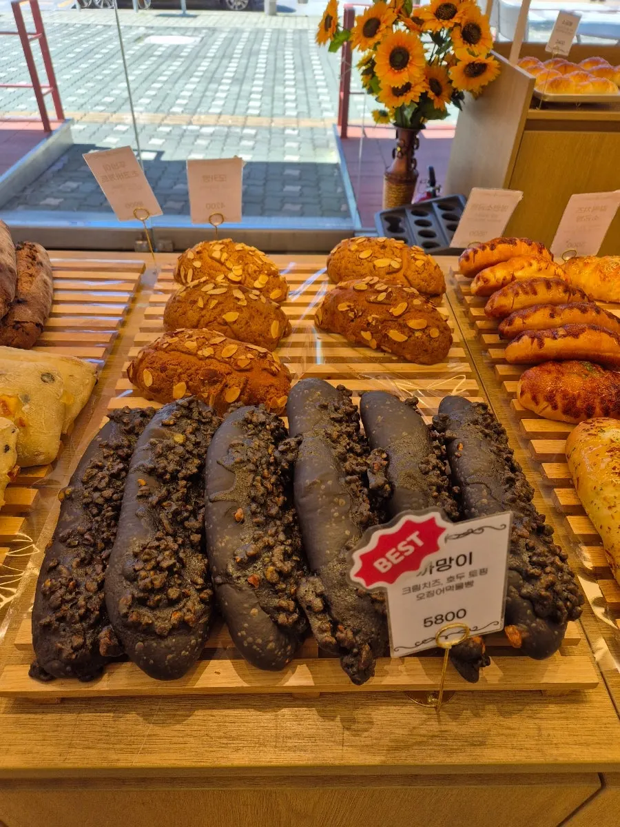 Freshly restocked bread display in the morning