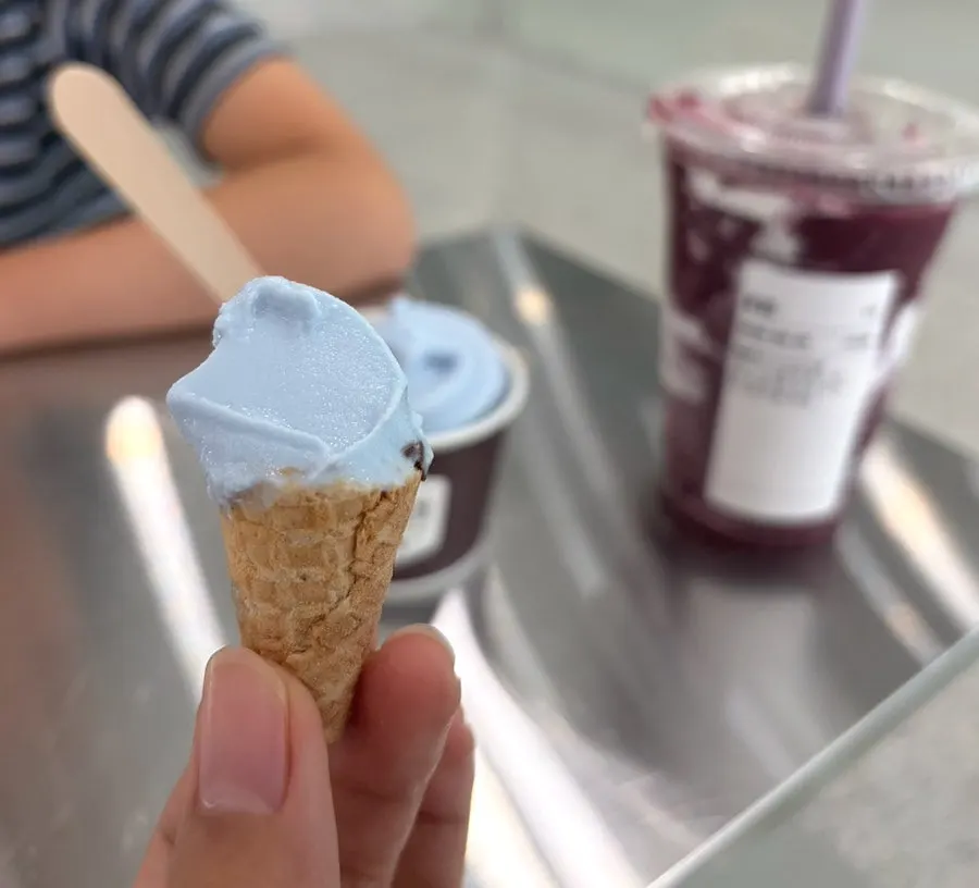 Smoothly melting Sanghamokjang ice cream with chocolate cone