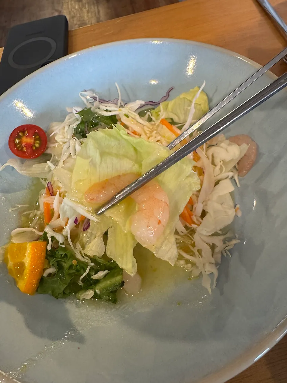 Close-up of the sweet-and-tangy shrimp salad