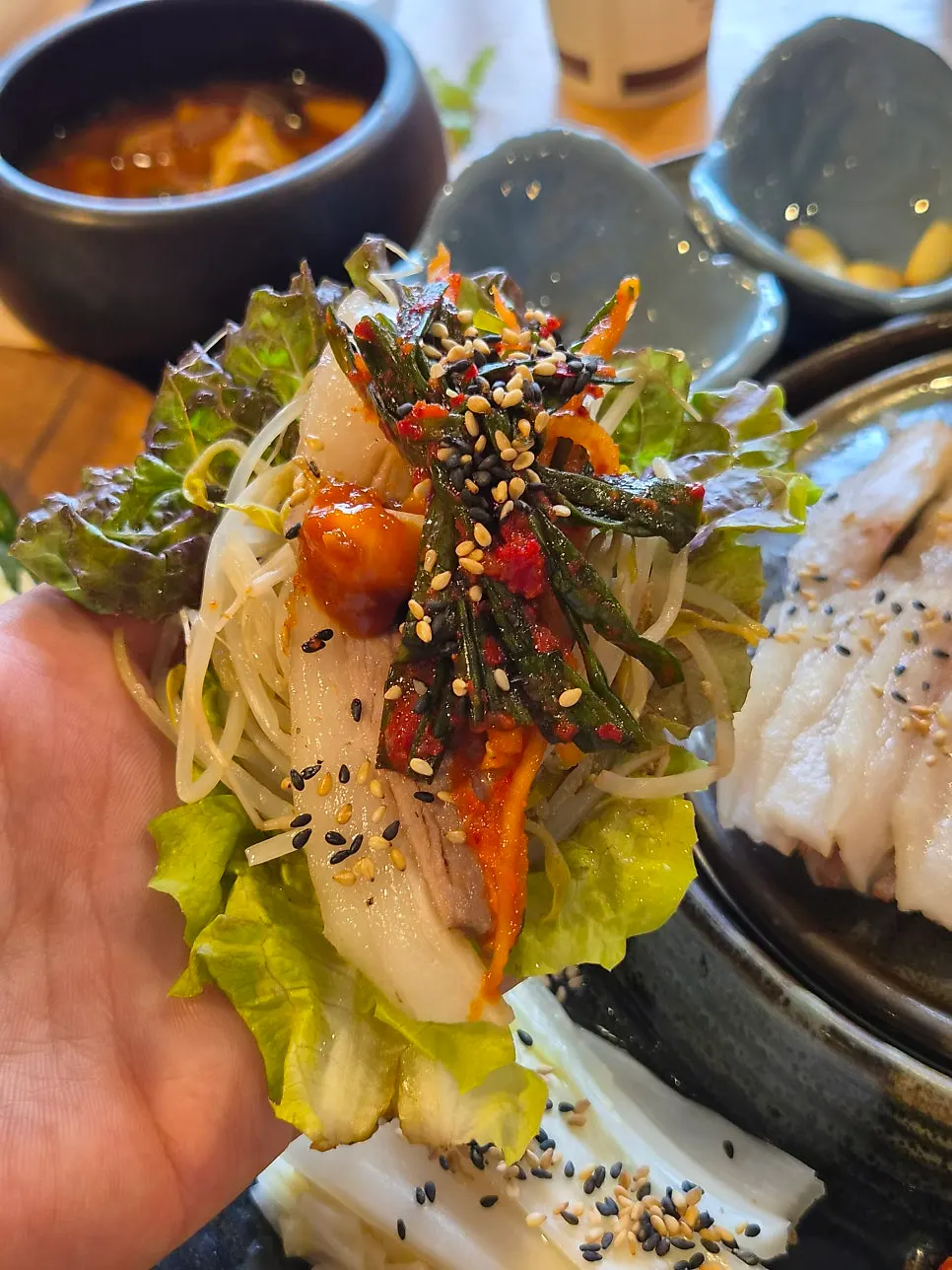 Gabrisal bossam placed on a lettuce wrap