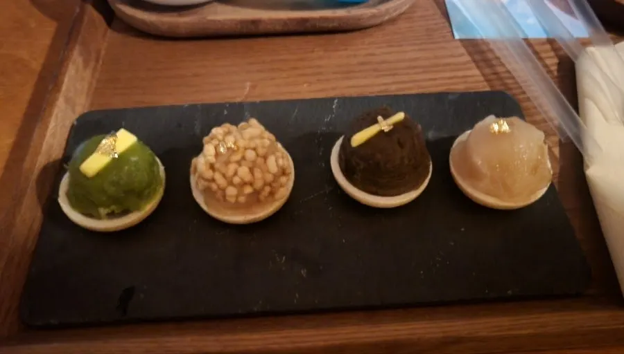 Pungwol monaka topped with different flavored red bean paste