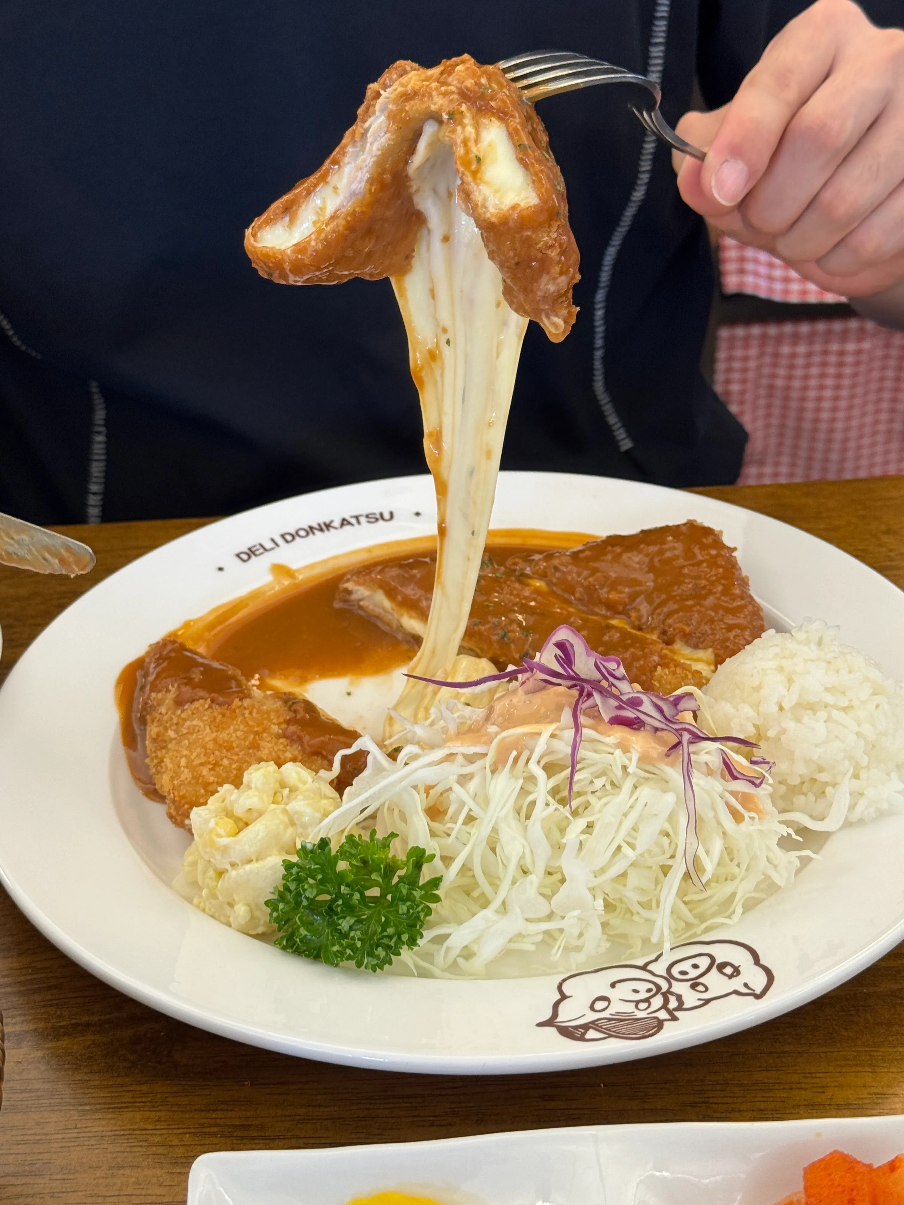 치즈가 길게 늘어난 치즈돈까스 한 조각