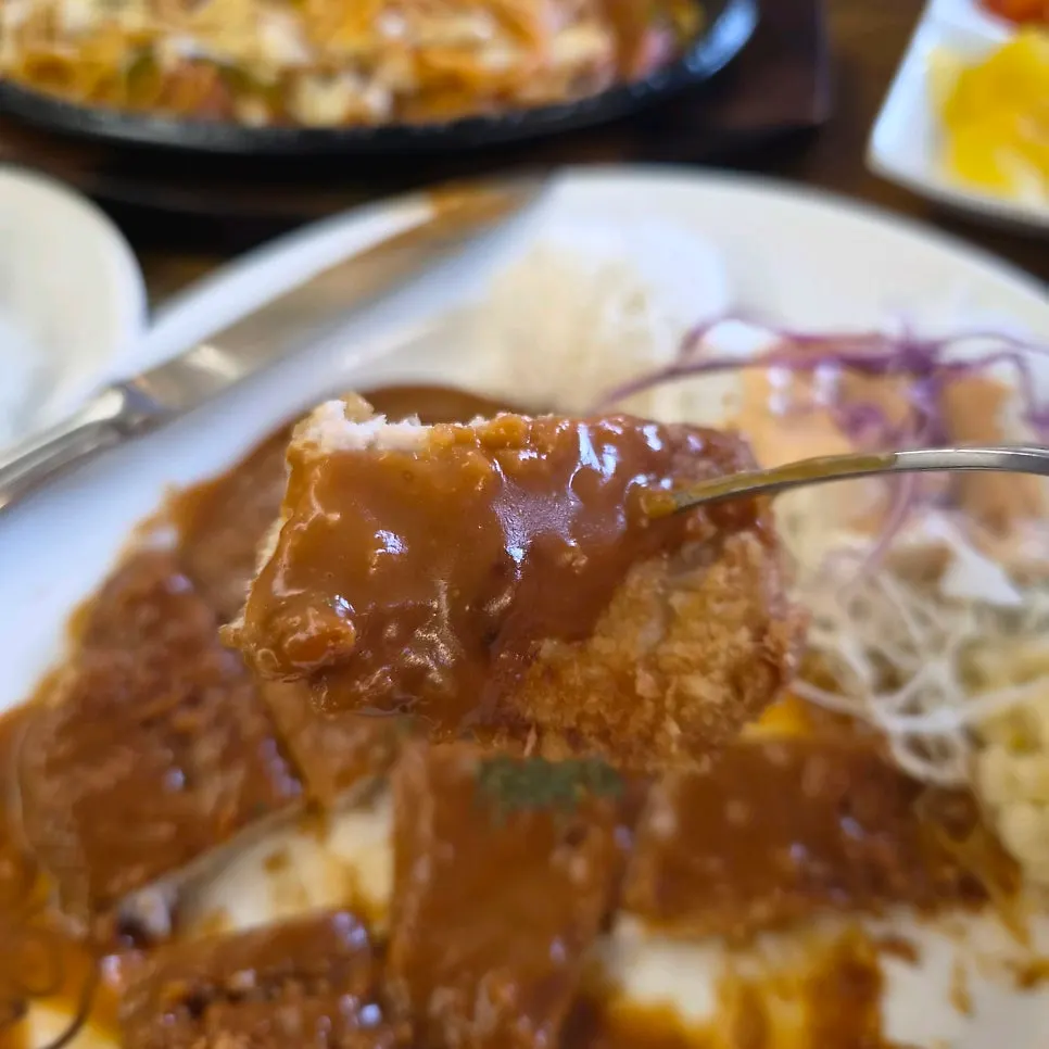 Cross-section of the pork cutlet drizzled with sauce