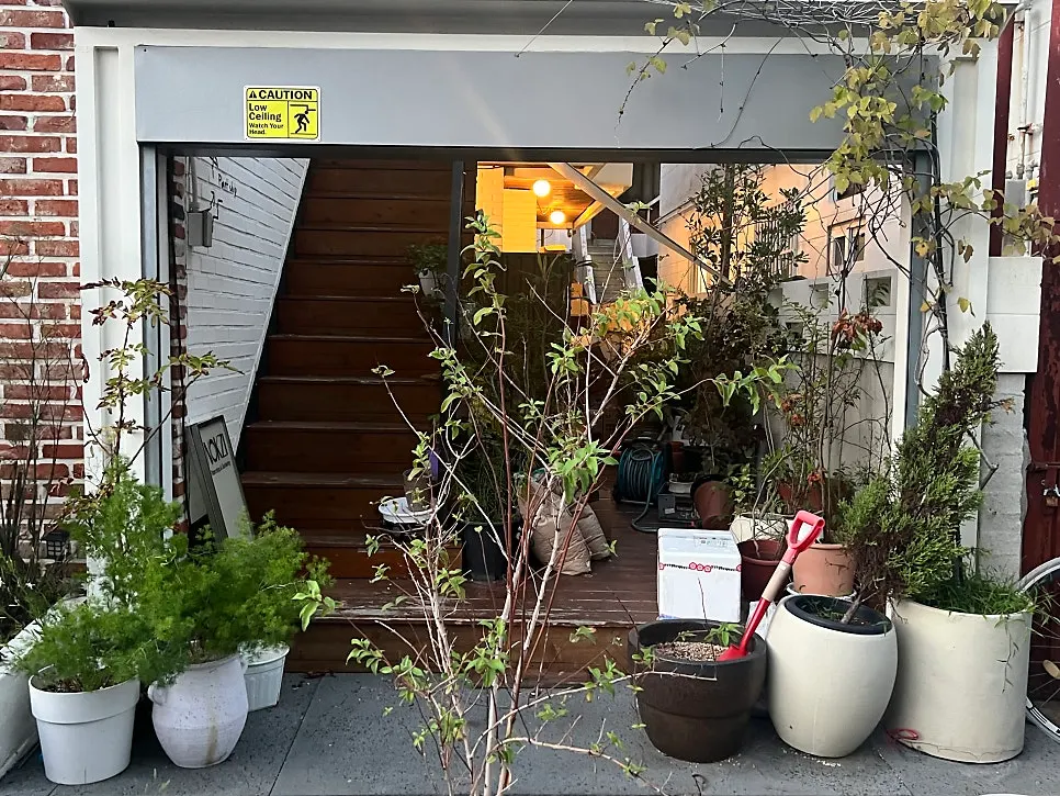 Green plant-filled second floor space at Deli Donkatsu