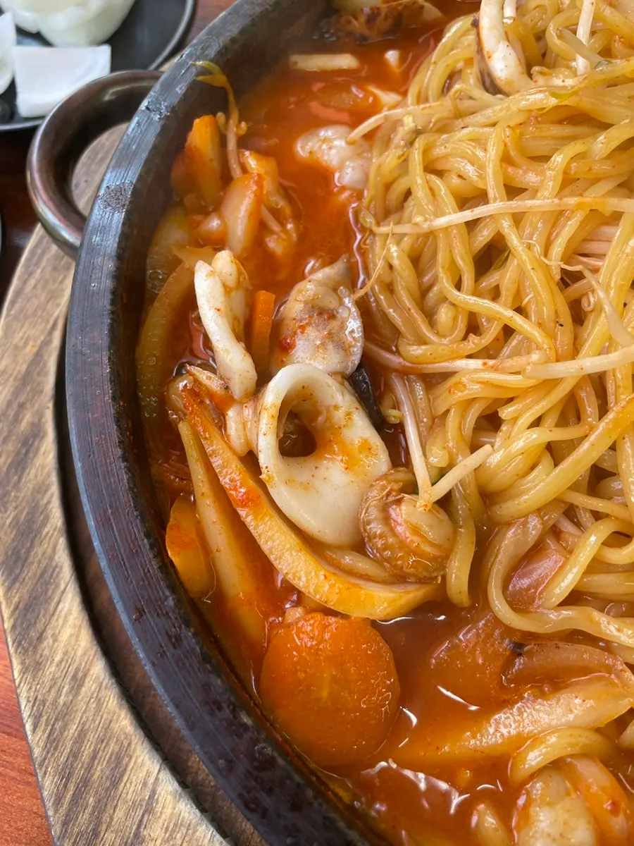 Close-up of steaming dol jjamppong