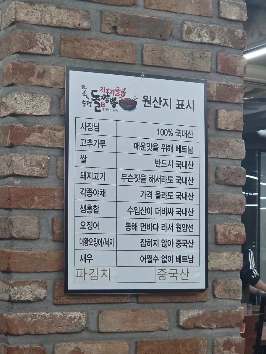 벽면에 붙은 원산지 표시판