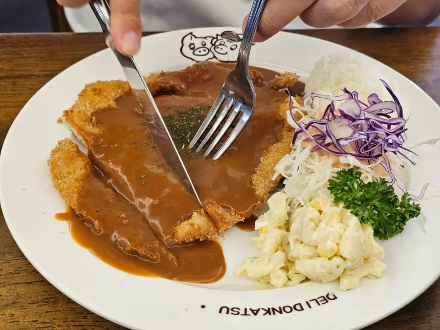 Pork cutlet covered generously in sauce