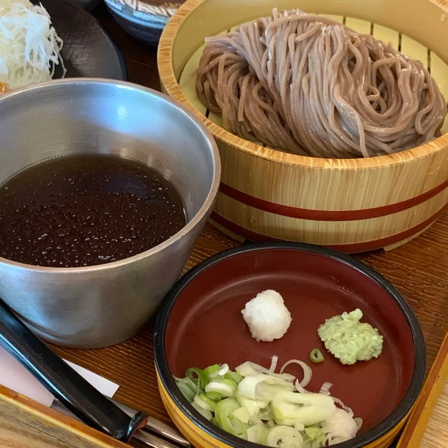 Soba noodles dipped in the accompanying broth