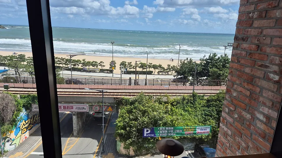 窓の外を通り過ぎる海辺列車の風景