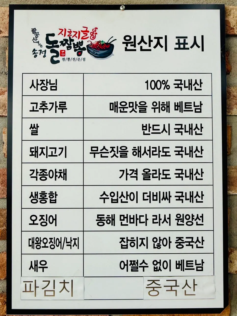 Country-of-origin labeling board at Songjeong Dol Jjamppong