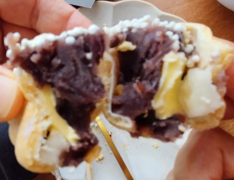 Cross-section of the monaka with red bean paste and butter