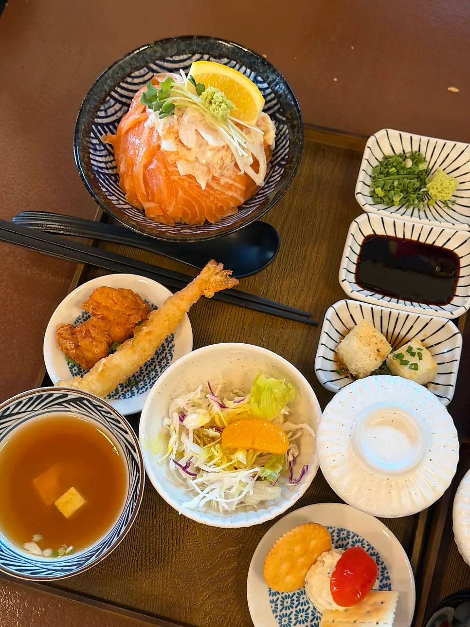 Close-up bite of the salmon rice bowl