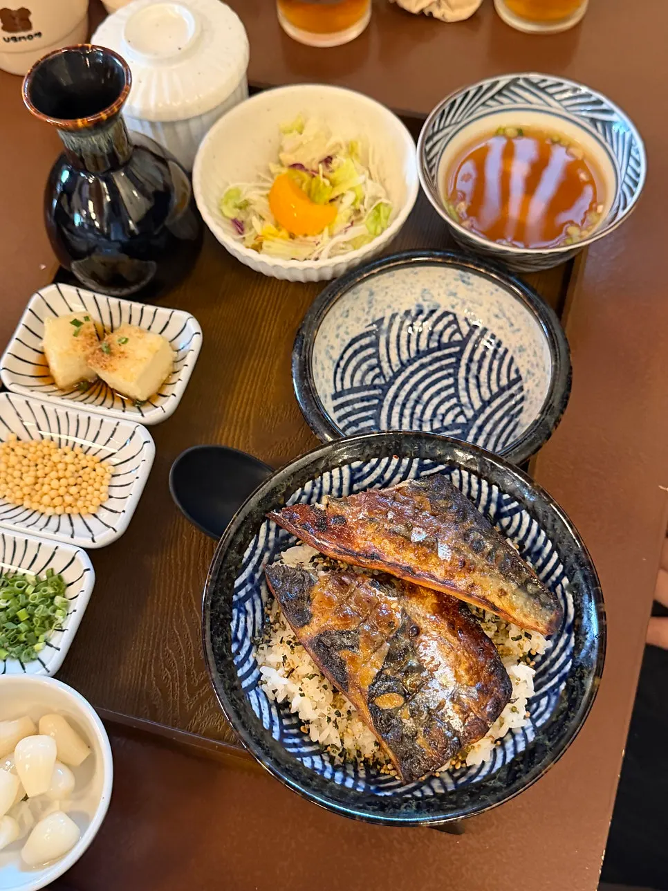 Saba ochazuke set topped with boneless grilled mackerel