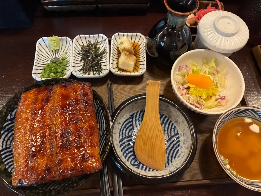 The jumbo unaju set and saba ochazuke set laid out