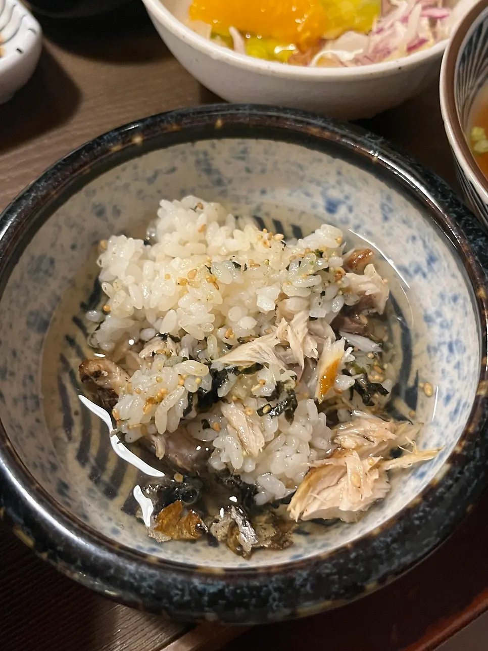 Mackerel rice-bowl set served with tea