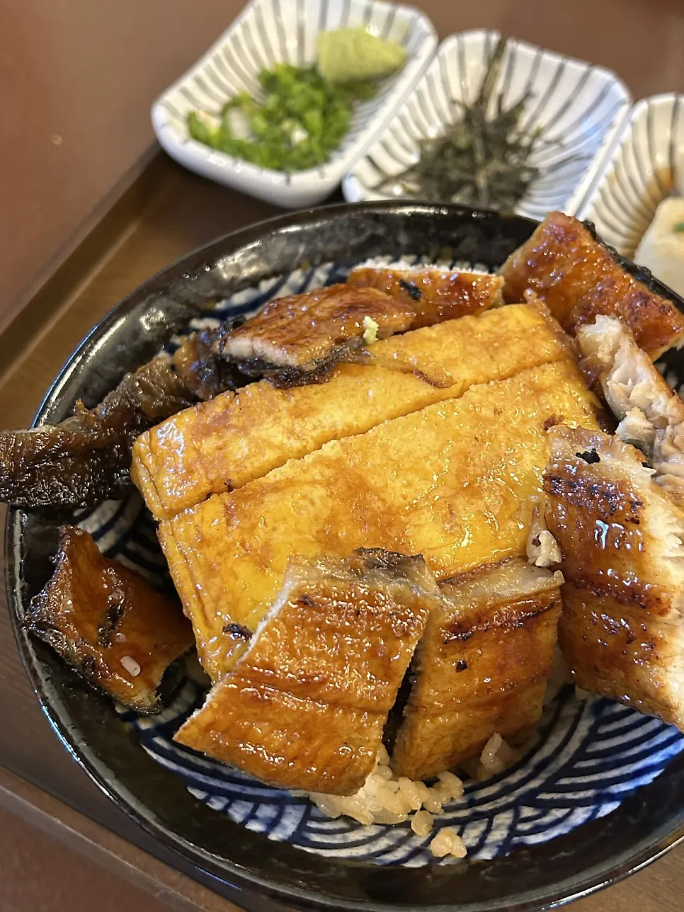 Eel rice bowl topped with scallions, seaweed and wasabi