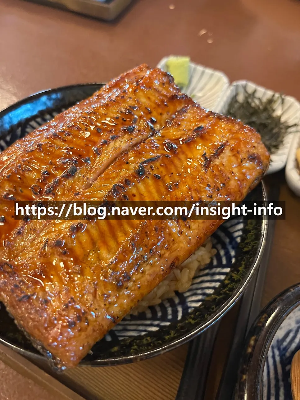 Bowl filled to the brim with jumbo unaju eel rice